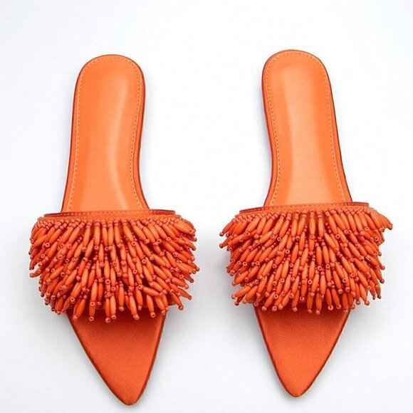 Orange Funky Women's Bead Embroidery Decorated Fabric Flat Comfortable Sandals - Picture 1 of 4